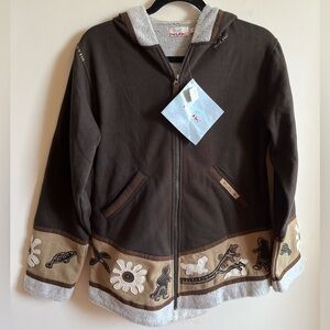 NWT INUK Brown Hooded Jacket with Embroidered Trim